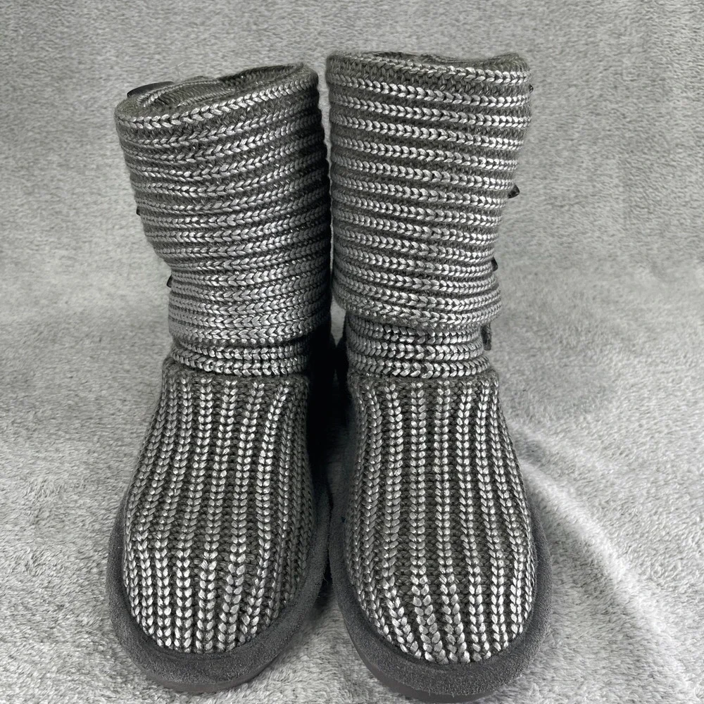 Bearpaw Boots Women 7 Gray Knit Tall Toggle Button Suede Trim Sparkle